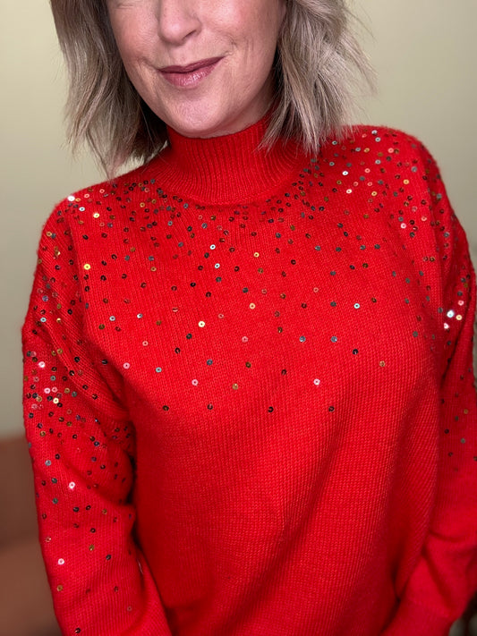 Red holiday Christmas sequin mock neck sweater party boutique free shipping 