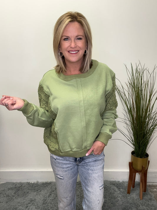 Made For You Crochet Sleeve Sweatshirt - Sage