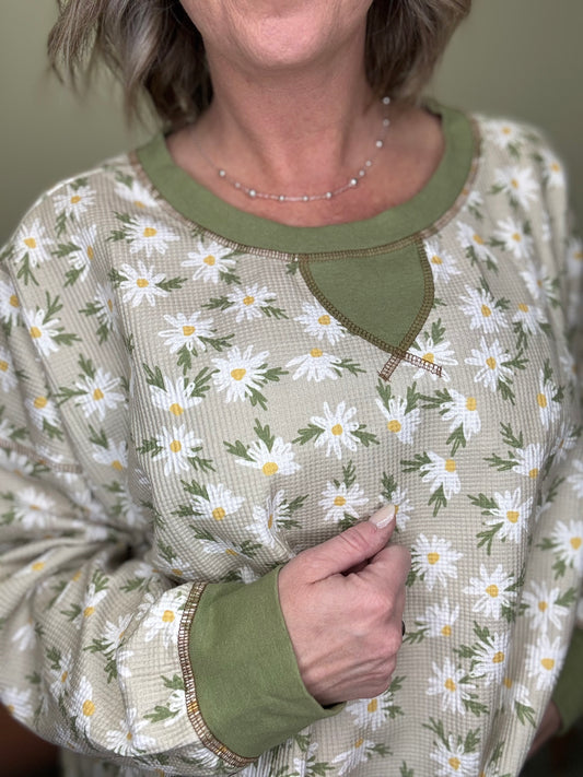 Bibi waffle knit thermal oversized top daisy floral print green