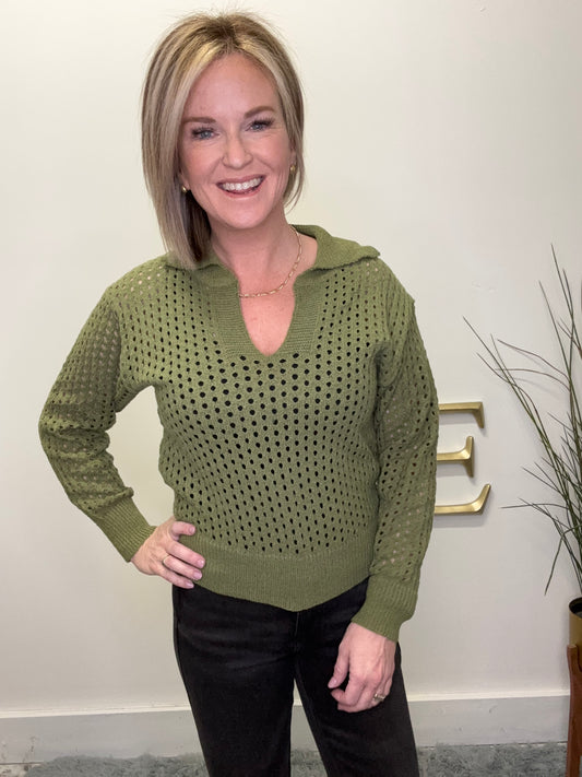 So me boutique open knit top olive green collar v-neck spring sweater