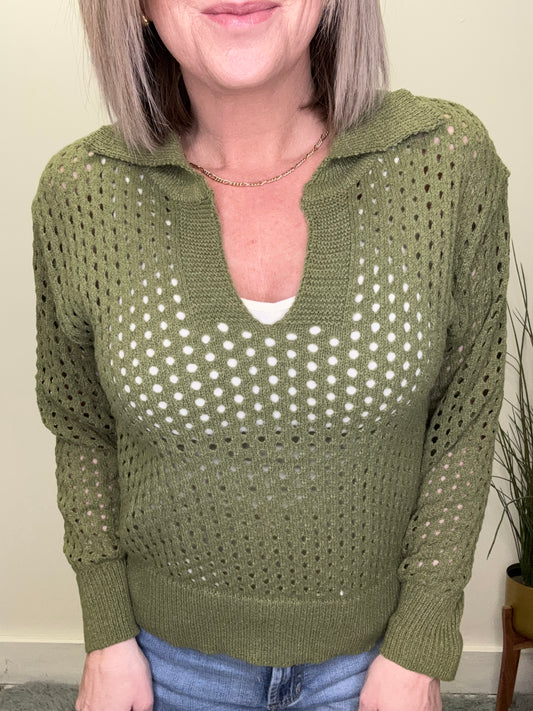 So me boutique open knit top olive green collar v-neck spring sweater