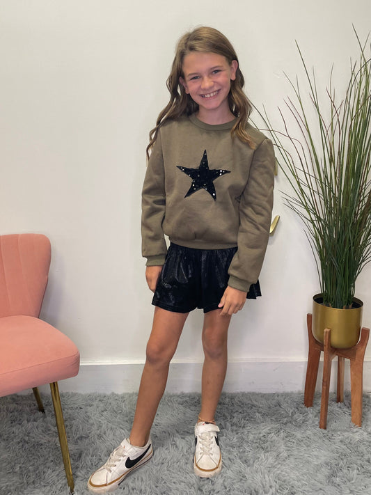 Girls Tween Molly Bracken Super soft olive green sweatshirt black sequin sparkle star boutique